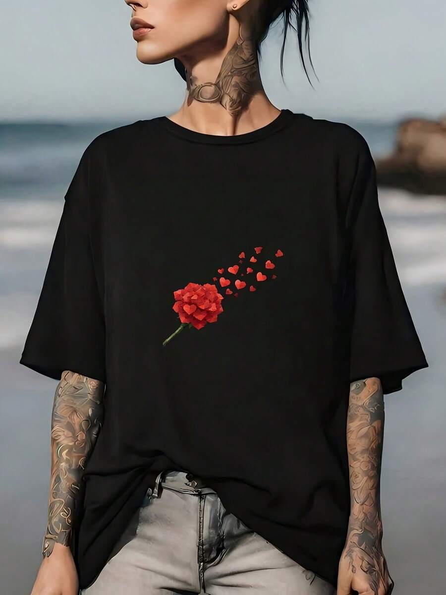 Camiseta con Corazón de Rosa Roja - 180g, estilo casual, regalo de San Valentín para ella, adecuada para salidas familiares, fiestas de oficina y actividades de team building. - Negro - Ver 1
