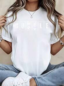 Humble Hustle Print T-Shirt, Casual Sporty Style For Everyday Wear - Vintage Urban Style, Unisex, Cotton, Short Sleeve, Crew Neck, 100% Cotton - 白色 - 查看 7