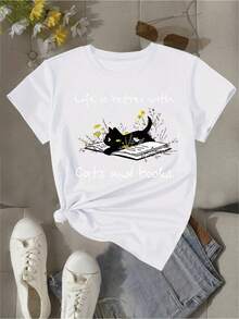 Nueva Camiseta Casual para Mujer 2026 con Estampado de Gatos y Libros - Diseño "La Vida es Mejor con Gatos y Libros", Cuello Redondo Suave y Elástico, Cómoda para Todas las Temporadas, Lavable a Máquina, Ideal para Uso Diario, Estilo Acogedor, Imprescindible para Amantes de los Libros, Tejido Cómodo y Transpirable. MUGY - Blanco - Ver 2