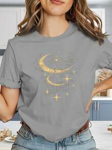 Comfortable And Stylish Women's "Moon Phases And Stars" T-Shirt, Y2K Style, With Oversized Geometric Logo Print - Slim-Fit Short-Sleeve Top, Casual Summer Wear, Machine-Washable Stretch Fabric (Wrinkle-Resistant), Suitable For Casual Wear And Layering. DZ66 - 灰色的 - 查看 1