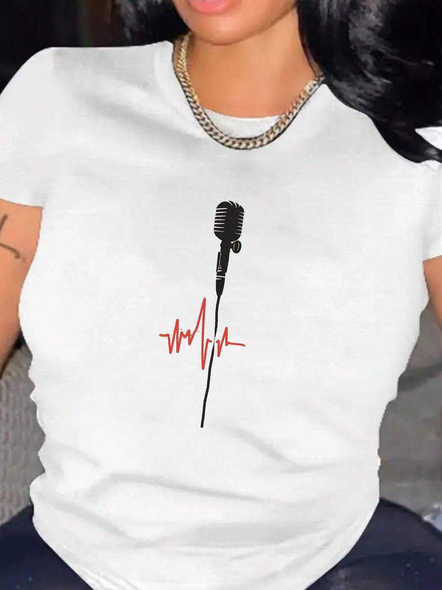Camisetas de moda de algodón de talla grande para mujer 2026, camiseta con estampado de micrófono y música, camiseta casual de manga corta con cuello redondo para primavera y verano, top de manga corta cómodo, suave y sencillo para uso diario de mujer. - Blanco - Ver 1