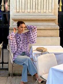 Fashionable Women's Shirt – Elegant And Casual – Sky Blue Polka Dot Print – Bow Tie, Lantern Sleeves, Loose Fit, Pleated And Semi-Sheer – Perfect For Summer - 粉色 - 查看 4
