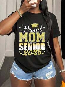 1 pieza Camiseta gráfica de graduación para mujer "Mamá Orgullosa de un Graduado 2026", de nueva llegada para Pascua 2026, de algodón 100% de primera calidad, cuello redondo, manga corta, blusa blanca casual para celebraciones de graduación, salidas de verano y uso diario. Feliz Pascua, vibraciones de primavera, 180g 100% algodón. - Negro - Ver 1