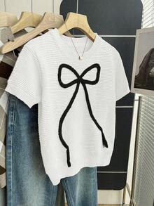 2026Franclia New Women's Sweet And Cute Pink Casual Knit Sweater With Bow, Short Sleeve Baby Pink Bow Blouse For Spring/Summer, Cute Knit Blouses With Bow For Women - 白色的 - 查看 7