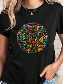 Camiseta Vintage de Algodón Cinco De Mayo, Camiseta con Estampado Gráfico Casual de Manga Corta y Cuello Redondo, Top de Verano para Uso Diario - Negro - Ver 7