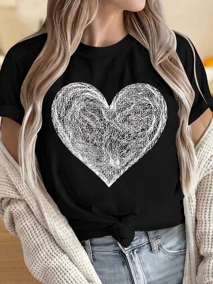 Camisetas para Mujer y Hombre con Cuello Redondo y Mangas Cortas, Diseño de Corazón Dibujado, Camiseta Negra para Mujer, Top Casual de Manga Corta, Camiseta Gráfica de Moda para Uso Diario. Estampados Divertidos son Adecuados para Fiestas de Navidad, Actividades Deportivas, Fiestas de Vacaciones, Salidas, Deportes y Otros Regalos Festivos. - Negro - Ver 1