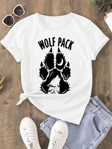 Camiseta de mujer con la inscripción "WOLF PA", diseño de huella de lobo, ropa de primavera/verano 2026, camiseta de manga corta de algodón puro a la moda para mujer, elegante camiseta de manga corta de algodón puro para fiesta 1409, tops para salir de noche para mujer. - Blanco - Ver 4