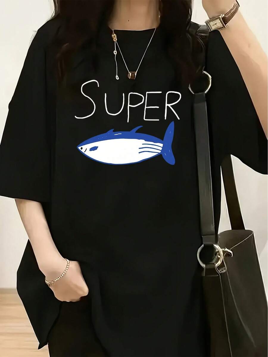 Camiseta Negra para Mujer con Gráfico SUPER - Algodón Suave, Casual para Uso Diario, para Fans de K-Pop - Corte Holgado, Cuello Redondo, Ideal para Conciertos y Outfits, Ropa de Primavera, Diseño Divertido, Tela Transpirable, Manga Corta, para Entusiastas de la Moda - Negro - Ver 1