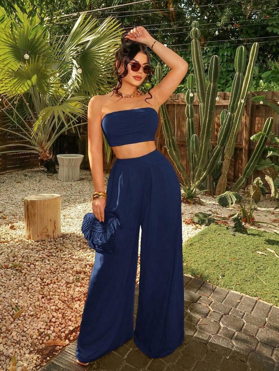 Conjunto de pantalones anchos y acampanados con pliegues y sin tirantes, de moda para mujeres, ideal para vacaciones de verano, vacaciones, playa y estilo bohemio sexy - Azul marino - Ver 1