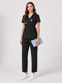 cimmuovere Uniform-Set mit Bindegürtel-Kurzarmoberteil und Hose mit Gummibund, Schwarz, Frühling - Schwarz - Übersicht 4