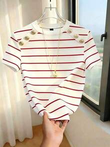 Suéter de punto de estilo minimalista francés para mujer, diseño de bloques de color a rayas clásico en negro y blanco, cuello redondo de manga corta, versátil y casual, adecuado para uso diario, trabajo, citas, estudiantes, maestros y talla gran - Multicolor 2 - Ver 8