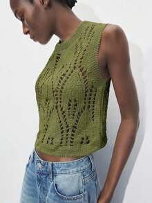 Parte superior de punto sin mangas con diseño calado de unicolor, adecuada para el Día de San Patricio, vacaciones de primavera, Pascua.Parte superior calada para el verano, blusas de verano para mujeres, blusas de punto para mujeres - Verde - Ver 8