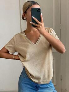 Camiseta casual holgada de mujer de unicolor con cuello en V y mangas cortas, ropa casual de negocios para mujer - Albaricoque 2 - Ver 3