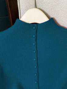 Suéter de mujer de punto con cuello alto, sin mangas, diseño de botones, suelto y casual, color rojo, para primavera/otoño - Agua verde azul - Ver 3