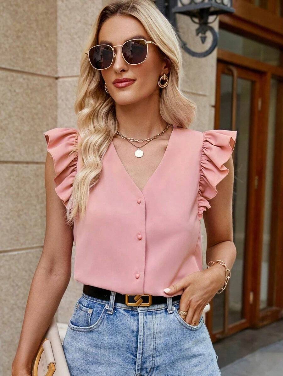 Camisa de mujer con cuello en V a rayas y mangas con volantes, camisas de verano para mujeres - Rosa vieja - Ver 1