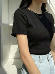 Blusa de punto acanalado con ribete de lechuga, estilo preppy de verano - Negro - Ver 9