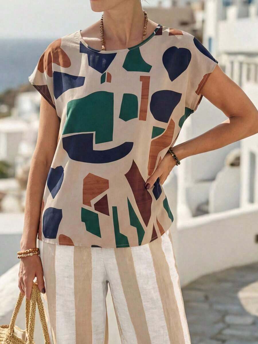 Camisa casual de lino con cuello redondo, manga corta tipo murciélago y unicolor para mujer, primavera/verano - Multicolor - Ver 1