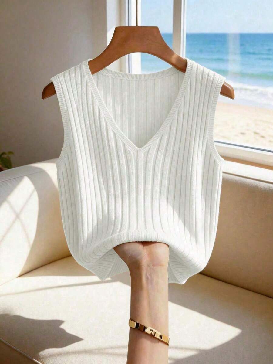 Nueva llegada Primavera/Verano Casual Holgado Crema Color Estilo Coreano Minimalista Acanalado Punto Sin Mangas Capa Chaleco, Versátil Cuello en V Elegante Diario/Trabajo Desgaste, Relajado Estilo Francés, Encanto Extremadamente Simplificado, Mod - Blanco - Ver 1