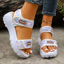 Summer New Sequin Patchwork Platform Sandals, Hook And Loop Thick Sole, Street Style Open Toe Wedge Sandals, Available In Black And White - White - View 4