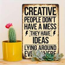 2D Flat, 2D Panel - 1pc Vintage Inspirational Wall Decor Sign "Creative People Don't Mess Around, Creativity Comes With It" Rustic Style Home And Office Decor, Studio Wall Art, Creative Gift For Artists And Writers, 2D Flat, Pre-Drilled Holes As Shown In Dimension Diagram - Multicolor - View 4
