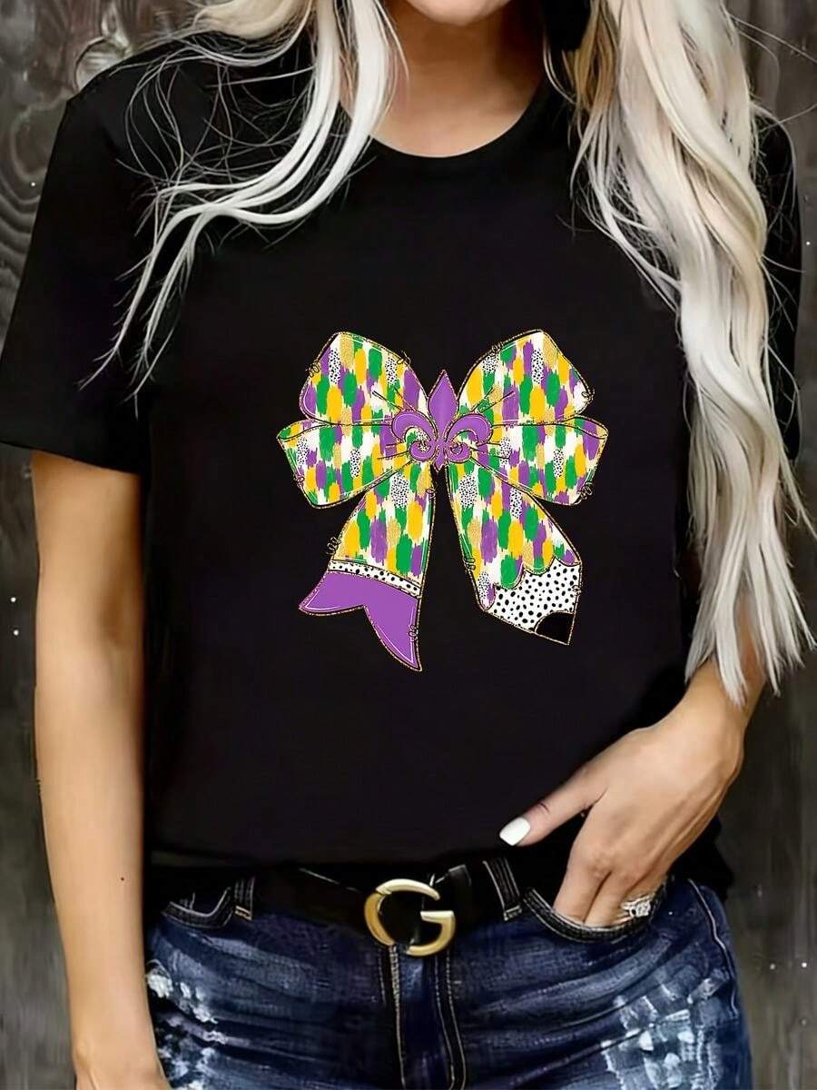 1 pieza de Playera corta 100% algodón, cuello redondo casual con estampado, dise?o con lazo festivo, manga corta transpirable para uso diario - Negro - Ver 1