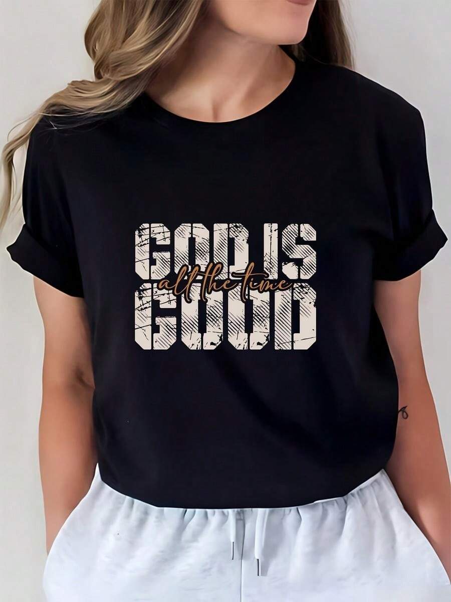 1 pieza de Playera de manga corta 100% algodón, cuello redondo casual con estampado, Dios es bueno, manga corta transpirable para uso diario - Negro - Ver 1