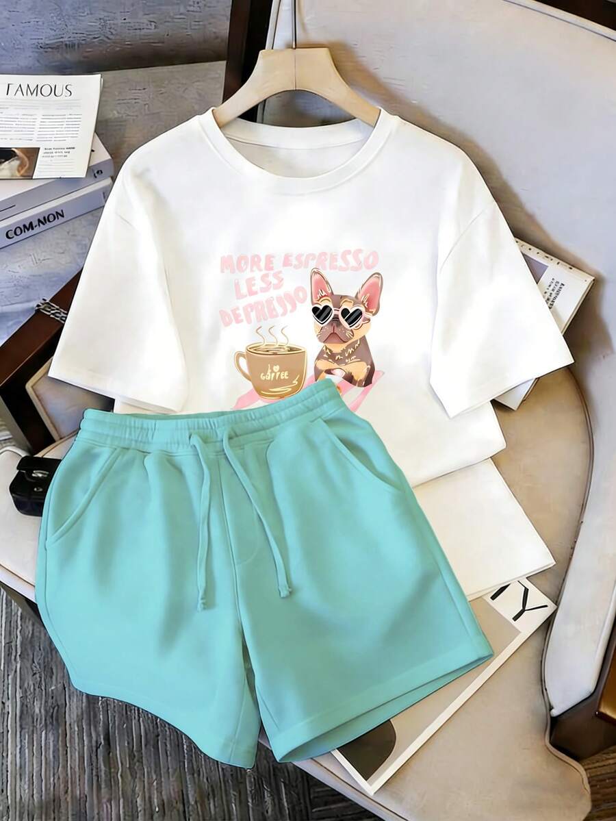 Conjunto Casual para Mujer, Playera con Estampado de Bulldog Francés y Café + Pantalones Cortos de Dos Piezas - Camiseta blanca + pantalones cortos VERDE MENTA - Ver 1