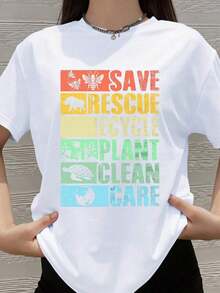 100% algodón, Camiseta de Mujer con la frase "Save Rescue Recycle Plant Clean Care Awareness" para el Día de la Tierra y la promoción de la sostenibilidad. - Blanco - Ver 6