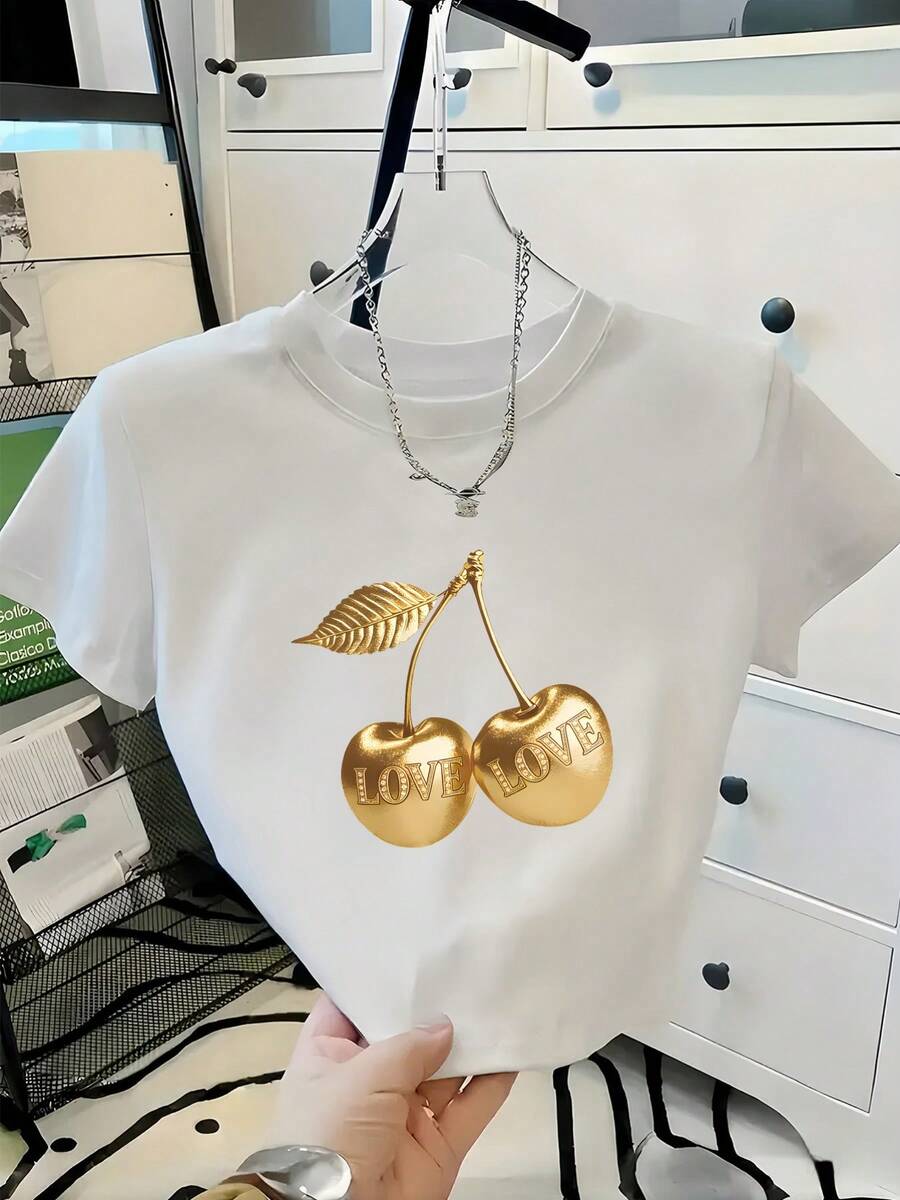 Camiseta de manga corta para mujer, diseño casual de moda con estampado de cerezas doradas dulces ultra cortas, color claro, primavera verano, limitada, cuello redondo, camiseta de moda casual con estampado de patrón de encanto elegante - Blanco - Ver 1