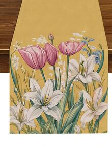 1 Pc Wisteria Hummingbird Tulip Lily Printed Linen Table Runner Farmhouse Style Rectangular Heat Resistant Table Decor For Spring Easter Kitchen Dining Party - Yellow - View 6