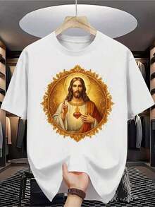 ropa de mujer Camiseta 100% para Hombre - Manga Corta, Cuello Redondo, Estampado Digital, Cómoda para Todas las Temporadas, Lavable a Máquina, Ideal para Salidas Diarias, Diseño Circular, Estilo Casual de Verano, Estilo Cristiano con Sagrado Corazón de Jesús para Entusiastas del Fitness |     Católico |     Cristiano |     Ropa de Iglesia  camisas de mujer - Blanco - Ver 5