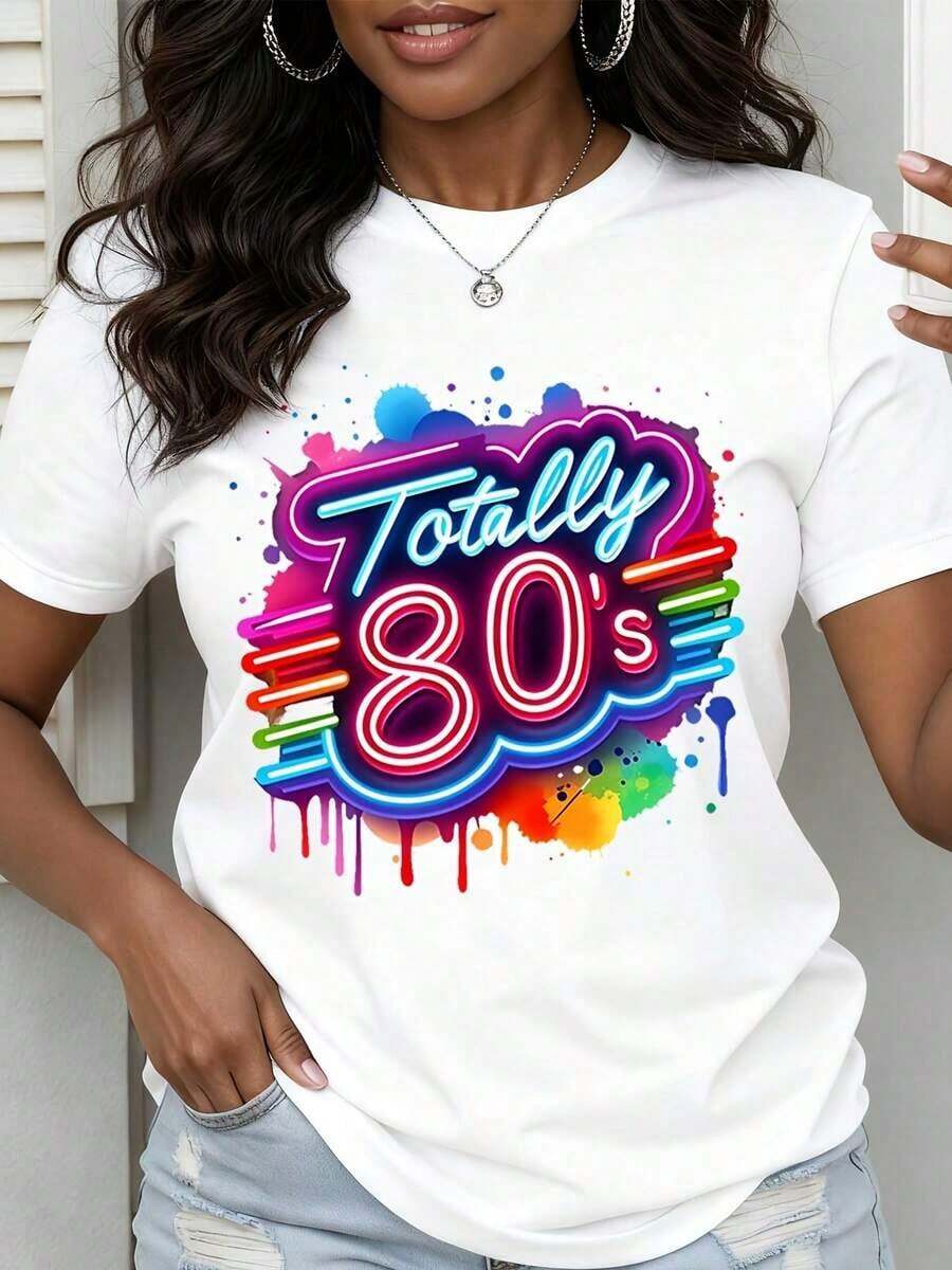 Women's Retro Neon 80s Style T-Shirt, Fashion Casual Top, Vintage Inspired Graphic Tee - Vintage Urban Style, Unisex, Cotton, Short Sleeve, Crew Neck, 100% Cotton - 白色 - 查看 1
