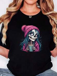 Camiseta Negra de Estilo Alternativo con Diseño de Calavera y Gorro Rosa - Ideal para Mujeres Jóvenes - Otoño/Invierno - Disponible en Varios Tamaños - Moda Casual - Popular en  Actuales - Negro - Ver 8
