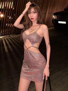 Women's Summer Fitted Cocktail Dress Sleeveless Backless Glitter Hollow Tie Up Party Dress - Rosa - Ver 3
