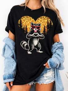 Una camiseta de manga corta para mujer, moderna, a la moda, retro, casual y holgada, adecuada para actividades al aire libre en primavera y verano, con un original estampado de corazón de mapache para el Día de San Valentín.Camiseta de mujer con estampado de leopardo y corazón, holgada, juvenil, de manga corta, con estética Y2K, camisa casual de verano, cuello redondo, corte holgado, adecuada para un uso diario cómodo.blusas para mujer,blusas casuales para dama,tops,, mujer premium,y2k,playeras de mujer curvy,ofertas y liquidaciones ropa mujer,playeras deportivas para mujer,,playeras de hombre, mujer,blusas>elegante J6M2 - Negro - Ver 8