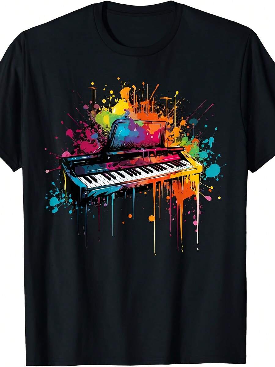 Camiseta con Estampado de Teclado Pintado, Unisex, Verano 2025, Manga Corta, 220g Algodón Puro - Negro - Ver 1