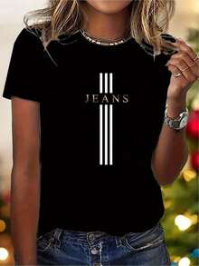 Camiseta Y2K negra con diseño de rayas y texto JEANS moda urbana y contemporánea ideal para completar tu look diario destaca por su estilo único y trendy perfecta para las amantes de la moda y la cultura pop en México única y exclusiva para ti - Negro - Ver 1