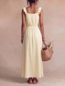 Vestido bohemio de estilo casual con cuello en V, volantes en el bajo y diseño acampanado en la cintura, adecuado para viajes, playa, jardín, fotografía callejera, festivales de música, fiestas y uso en verano - Amarillo - Ver 2