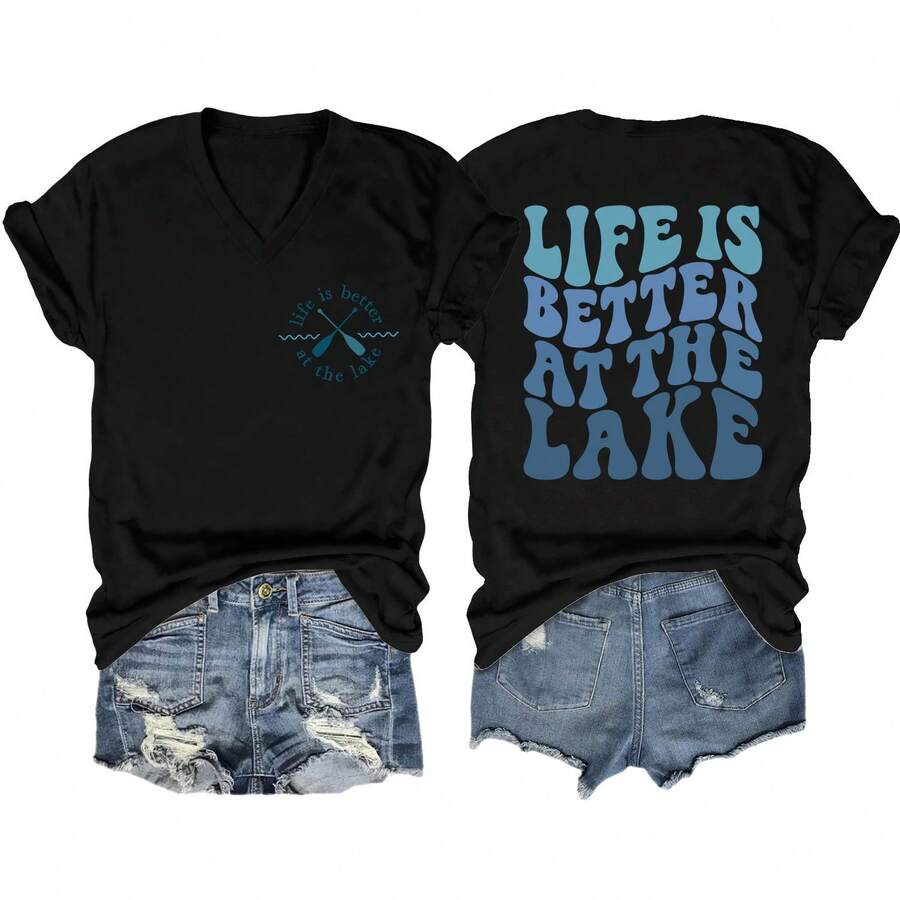 Wish Camiseta de manga corta con cuello en V para mujer, estilo casual europeo y americano, de corte ajustado y cómodo, con la frase "Life is Better at". - Negro - Ver 1