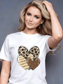 Camiseta de mujer, camiseta con estampado de moda para mujer, top casual de manga corta con cuello redondo, estampado artístico de moda, holgada y versátil para el uso diario en verano. - Blanco - Ver 2