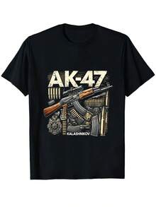 Camiseta para hombre AK-47 - Estampado realista de rifle y bala, diseño modificado del AKM Tipo 64, ropa de corte casual para entusiastas de rifles de francotirador y asalto, ropa con temática de derechos de armas, camiseta para hombre, estilo vintage. EDUA - Negro - Ver 1