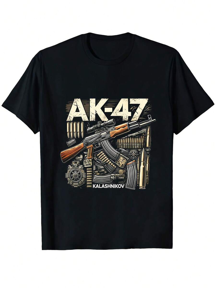 Camiseta para hombre AK-47 - Estampado realista de rifle y bala, diseño modificado del AKM Tipo 64, ropa de corte casual para entusiastas de rifles de francotirador y asalto, ropa con temática de derechos de armas, camiseta para hombre, estilo vintage. EDUA - Negro - Ver 1