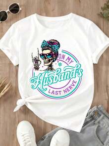 Camiseta de manga corta para mujer con estampado de chica calavera con lazo y gafas de sol en el último nervio de mi esposo, top casual de moda para uso diario. - Blanco - Ver 2