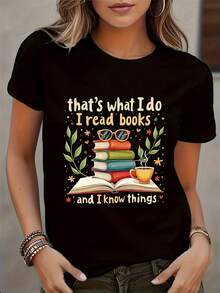 Camiseta de Manga Corta con Estampado de Amante de los Libros para Mujer, Cuello Redondo, Casual, Primavera-Verano - Negro - Ver 1