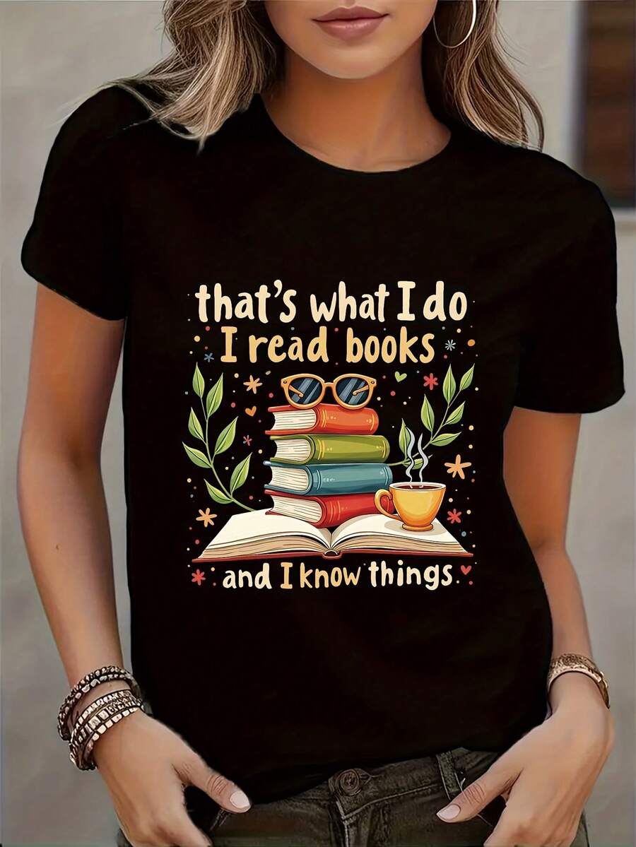 Camiseta de Manga Corta con Estampado de Amante de los Libros para Mujer, Cuello Redondo, Casual, Primavera-Verano - Negro - Ver 1