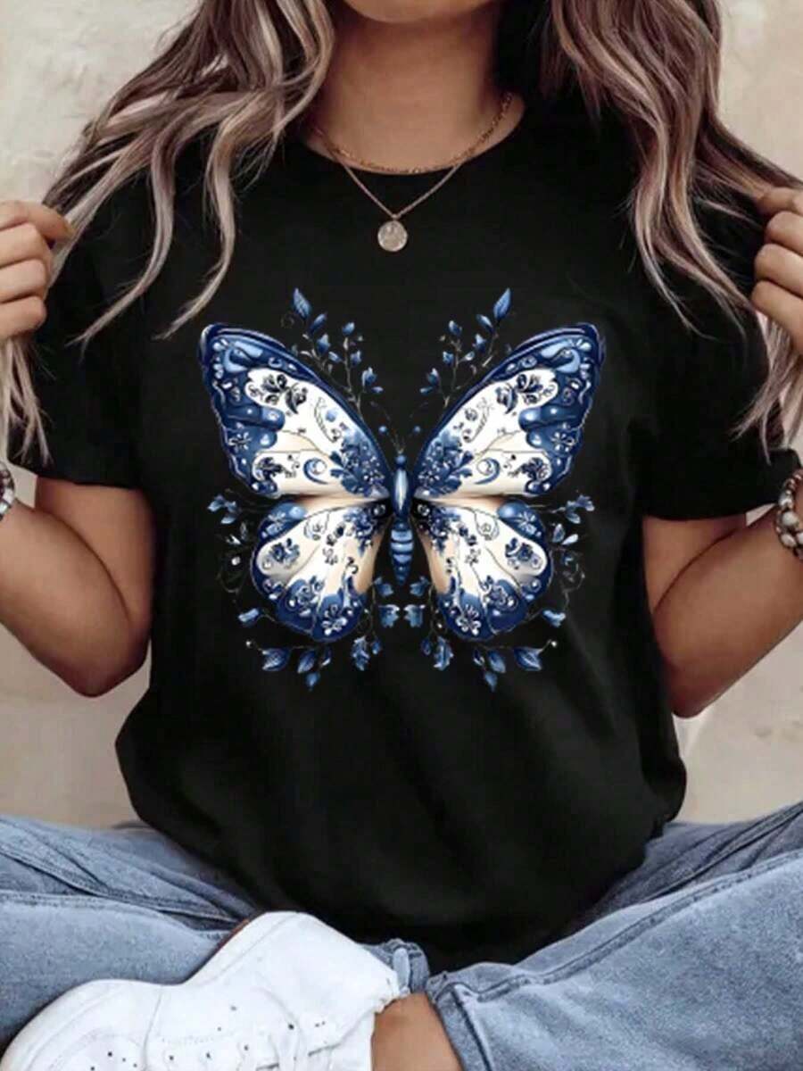 100% Cotton, Unisex Women's T-Shirt, Casual, Short Sleeve, With Butterfly And Flower Print Design, Gifts For Family And Friends, Comfortable Clothing For All Seasons, Suitable For Wearing At Home Parties. - 黑色 - 查看 1