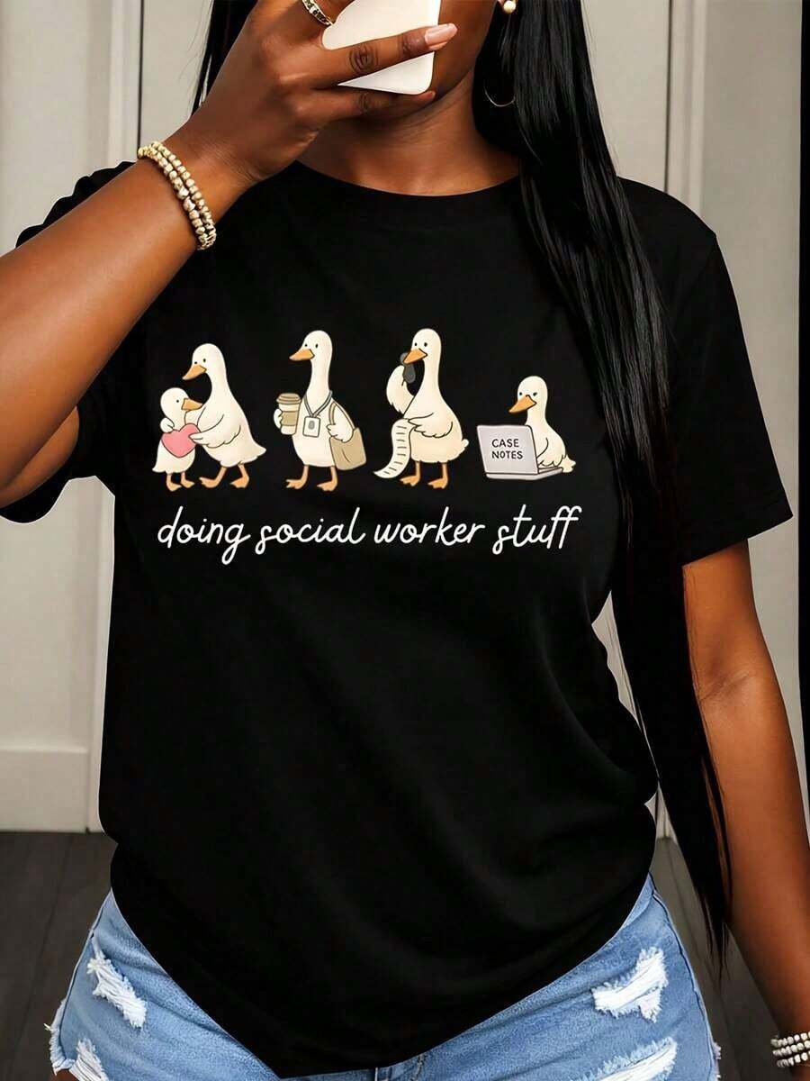 Camiseta de Mujer con Diseño de Pato Trabajador Social, Estampado Gráfico, Ropa Casual para el Trabajo y Uso Diario - Negro - Ver 1