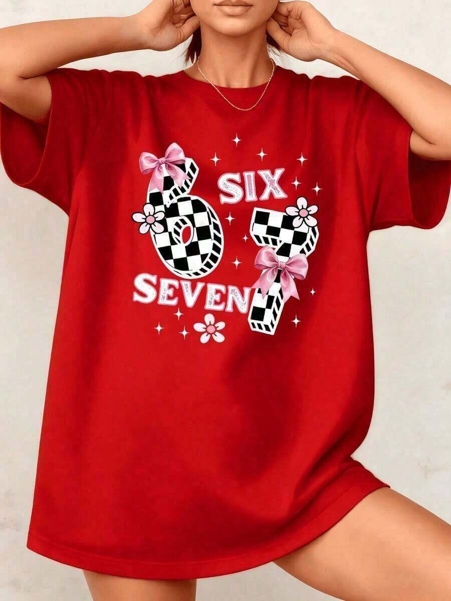 Fashion NEW1 pieza de camiseta de gran tamaño para mujer, estilo retro urbano, con estampado gráfico vintage, diseño de cuadros, números, lazo y flores, 100% algodón, cuello redondo - Camiseta unisex de estilo vintage urbano, holgada, de algodón, manga corta y cuello redondo. Camiseta unisex de algodón de manga corta y cuello redondo, estilo vintage urbano. - Rojo - Ver 1