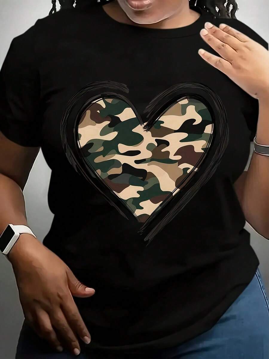 1 pieza de camiseta holgada de talla grande para mujer con estampado de corazón de camuflaje - top de manga corta y cuello redondo en camuflaje negro y verde, elasticidad media - tela sedosa, adecuada para mujeres con curvas en varias estaciones (inspirada en tallas extra largas) 180g Algodón 100% - Negro - Ver 1