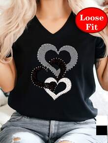 1 pieza, símbolo de amor, estampado de corazones, camiseta de manga corta con cuello en V, top casual de primavera/verano, ropa de mujer de talla grande, 180g 100% algodón. - Negro - Ver 1
